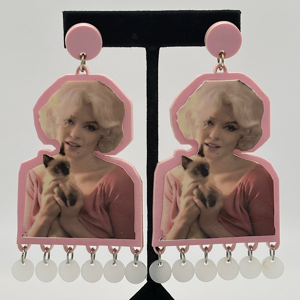 Handcrafted Artisan Marilyn Monroe Kitty Cat Pink Chandelier Statement Earrings